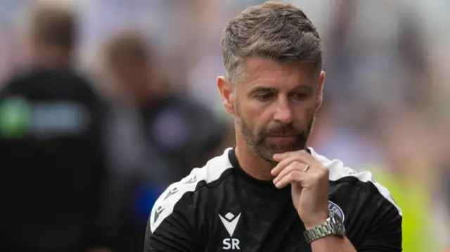 St Mirren Manager Stephen Robinson looks dejected following his side's defeat during a Premier Sports Cup group stage match between Arbroath and St Mirren at Gayfield Park