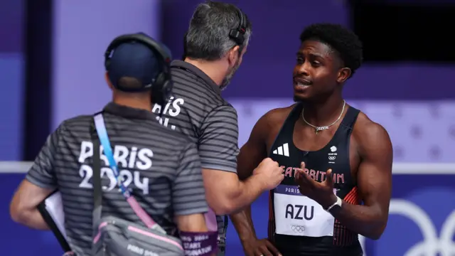 Jeremiah Azu pleads with officials after his 100m disqualification