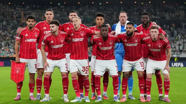 Nottingham Forest players line up before the game at Real Betis