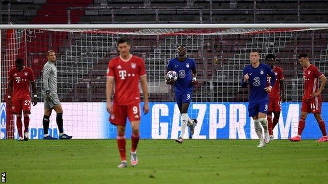 Bayern Munich's players react after conceding against Chelsea in the Champions League