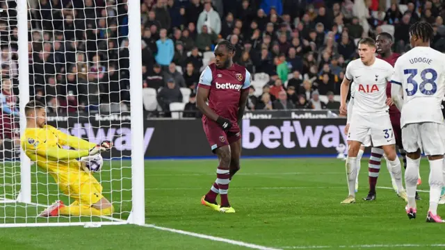 Antonio's shot is saved on the line