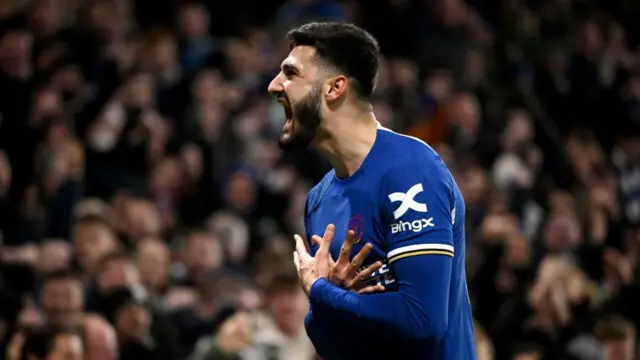 Armando Broja of Chelsea celebrates scoring his team's first goal during the Emirates FA Cup Third Round match between Chelsea and Preston North End