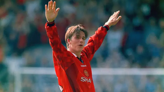 David Beckham celebrates scoring spectacular goal against Wimbledon in 1996