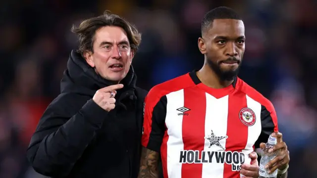 Brentford Manager Thomas Frank celebrates victory with Ivan Toney