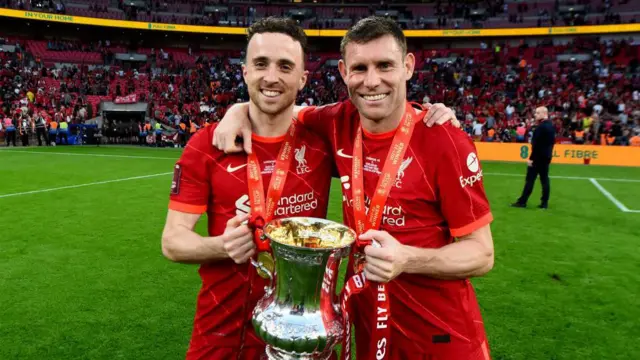 Diogo Jota and James Milner of Liverpool with the Emirates FA Cup