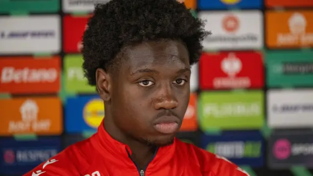 Jaydee Canvot of Crystal Palace speaks to the media during a press conference after a Crystal Place training session at Crystal Palace FC Training Ground