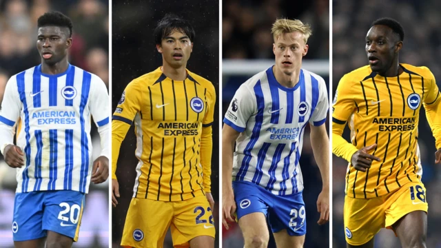 Carlos Baleba, Kaoru Mitoma, Jan Paul van Hecke and Danny Welbeck