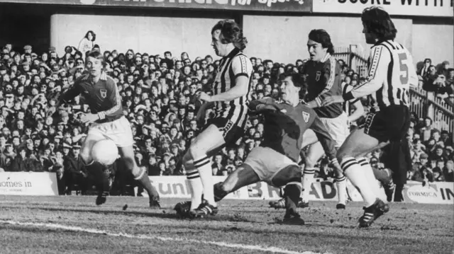 Number one for Sunderland and Gary Rowell. His shot leaves Newcastle's John Blackley and John Bird helpless. Picture taken 24th February 1979. Newcastle United (1) v Sunderland (4) League Division Two. St James's Park