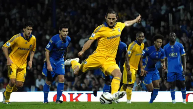 Frank Lampard converts a penalty at Fratton Park for Chelsea against Pompey in his playing days in September 2008