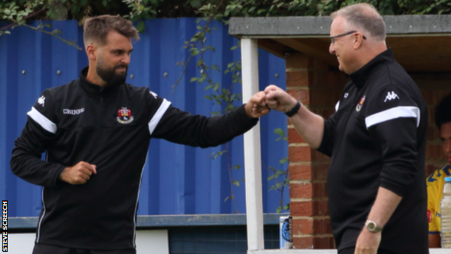 Joint managers Angelo Harrop (left) and Rick Andrews celebrate a Sudbury goal