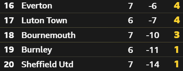 Premier League bottom five