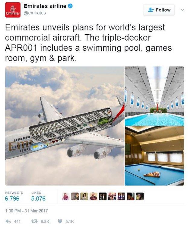 A tweet from Emirates airline "revealing" a fake three-layer plane