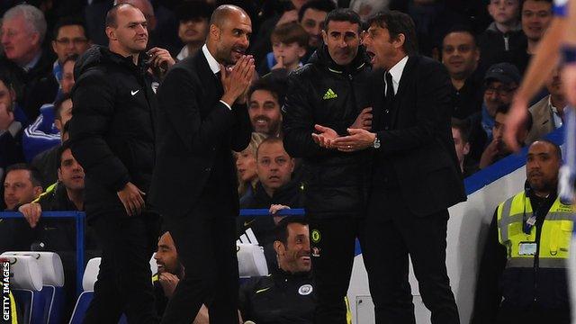 Pep Guardiola and Antonio Conte on the touchline during Chelsea's 2-1 win