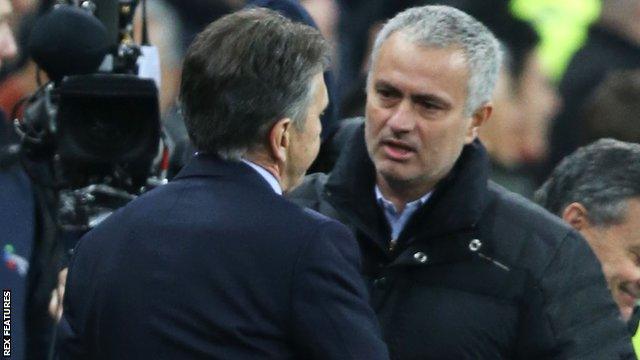 Manchester United manager Jose Mourinho speaks to Southampton boss Claude Puel at the end of the EFL Cup final