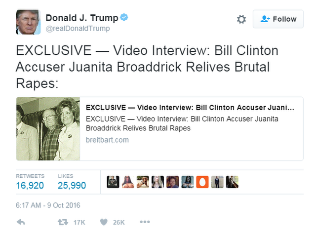 Tweet: "Exclusive- video interview. Bill Clinton accuser Juanita Broaddrick relieves brutal rapes."