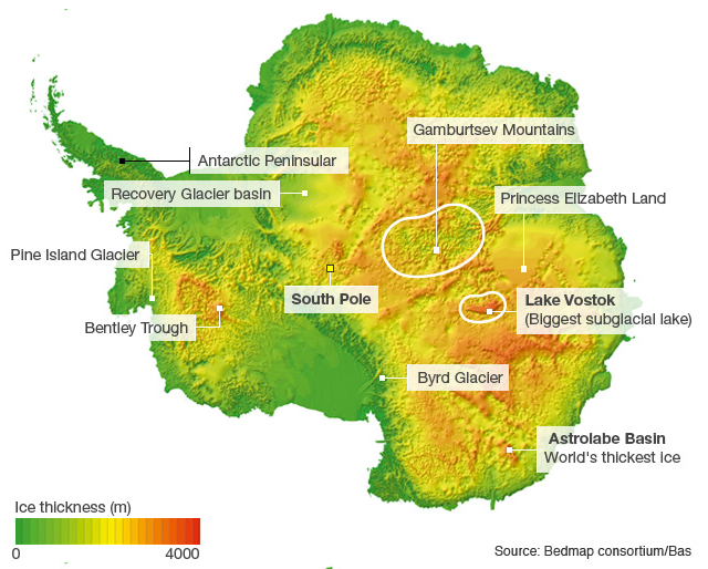 Antartica showing ice thickness in metres