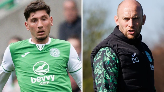 Hibernian's Nectar Triantis and head coach David Gray