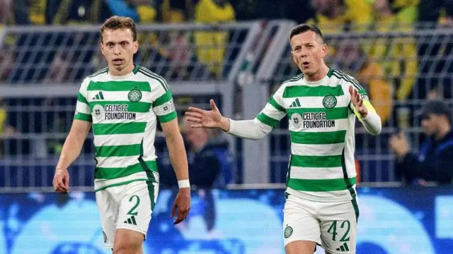 DORTMUND, GERMANY - OCTOBER 01: Celtic's Callum McGregor and Alistair Johnston during a UEFA Champions League matchday two League Phase match between Borussia Dortmund and Celtic at the Signal Iduna Park, on October 01, 2024, in Dortmund, Germany. (Photo by Craig Williamson / SNS Group)
    