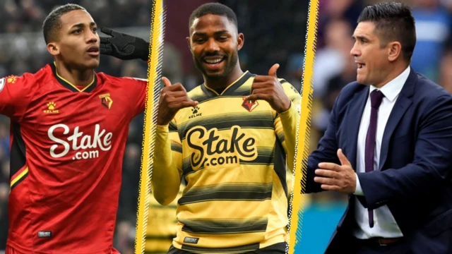 A split image of Watford's Joao Pedro, Emmanuel Dennis and Xisco Munoz