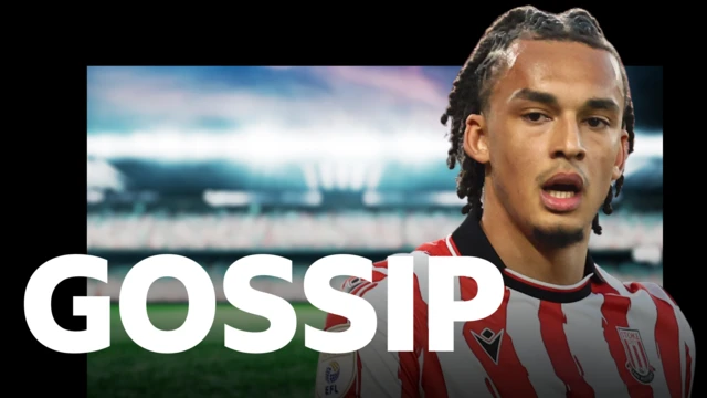 Ashley Phillips wearing Stoke City's home shirt during a game in the 2025-26 season, pictured on BBC Sport's gossip column graphic which has 'gossip' written in white letters on top of a blurred out floodlit football stadium