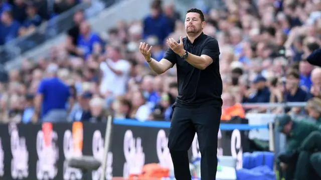 Crystal Palace's French manager Pierre Sage gestures during the English Premier League football match between Everton and Crystal Palace at Hill Dickinson Stadium in Liverpool.