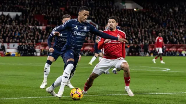 Nottingham Forest's Morgan Gibbs-White (right) competing with Aston Villa's Ezri Konsa during the Premier League match between Nottingham Forest FC and Aston Villa FC at City Ground