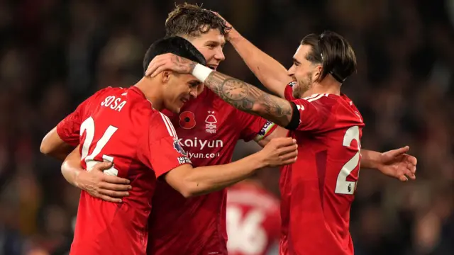 Nottingham Forest players celebrate a victory