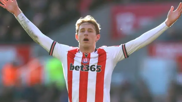 Stoke City midfielder Wouter Burger looks on with his mouth open and his arms out wide