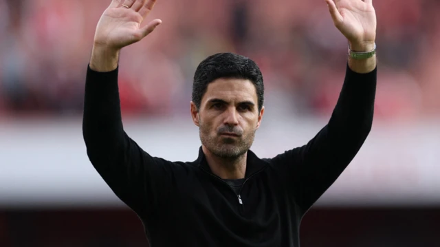 Arsenal boss Mikel Arteta salutes home fans after the game with Newcastle