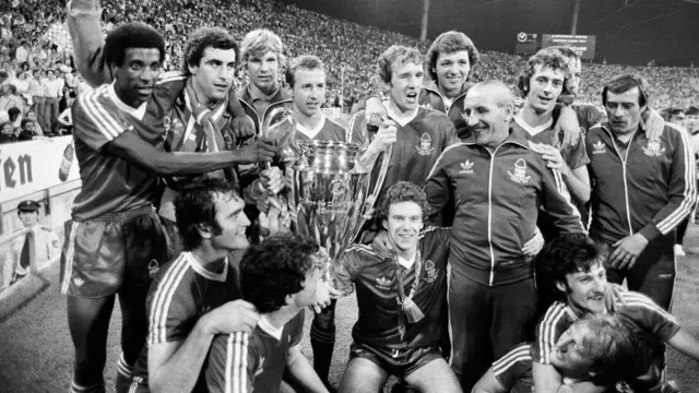 Nottingham Forest players celebrate with the 1979 European Cup