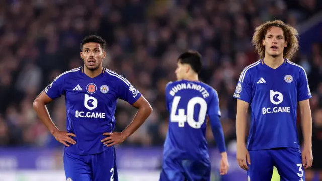 James Justin and Wout Faes  during the Premier League match between Leicester City and Nottingham Forest at King Power Stadium on October 25, 2024