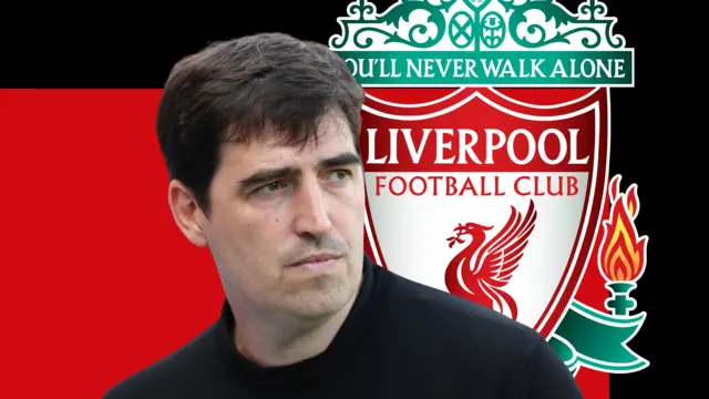 A graphic of Andoni Iraola in front of a black and red background and a Liverpool badge
