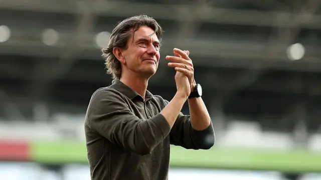 Thomas Frank applauds fans after Brentford match