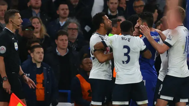 Tottenham players and Diego Costa clash in 2016 Premier League game at Stamford Bridge