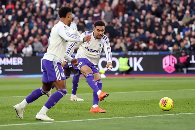 Morgan Rogers scores for Aston Villa in a 3-2 victory over West Ham at London Stadium