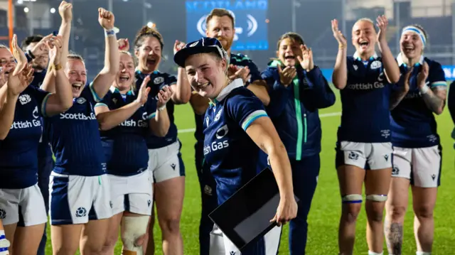 Scotland's Leia Brebner-Holden is awarded her first cap at full time during an Autumn Test match between Scotland and Wales at the Hive Stadium, on September 06, 2024, in Edinburgh, Scotland.