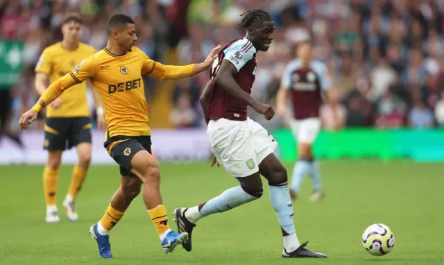 Amadou Onana playing for Aston Villa at Wolverhampton Wanderers