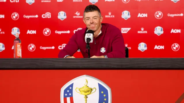 Rory McIlroy speaks to the media at the 2025 Ryder Cup at Bethpage Black
