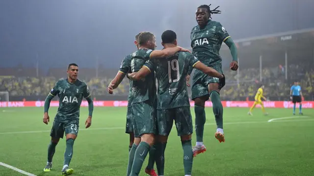 Dominic Solanke and team-mates celebrate for Tottenham