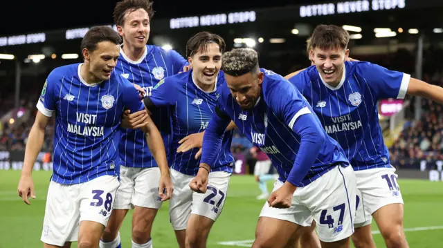 Callum Robinson (second right) celebrates scoring for Cardiff at Burnley
