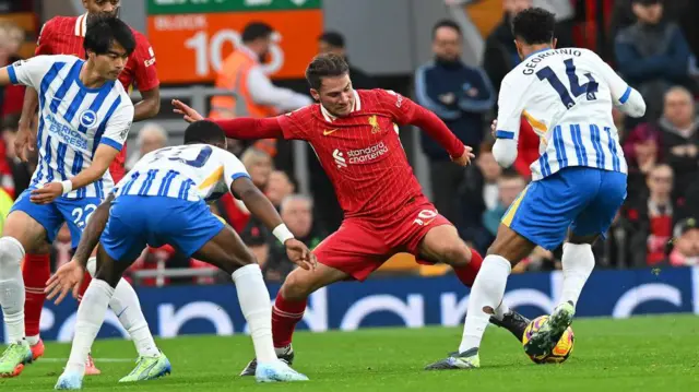 Alexis Mac Allister of Liverpool in action during the Premier League match between Liverpool and Brighton