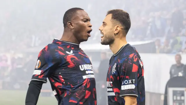 Neraysho Kasanwirjo and Nedim Bajrami celebrate during Rangers' 2-0 win over Malmo