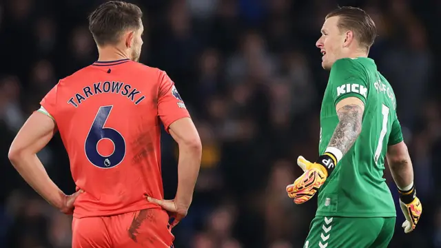 James Tarkowski and Jordan Pickford in discussion