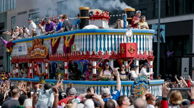 A float during the New Orleans parade before Super Bowl 59