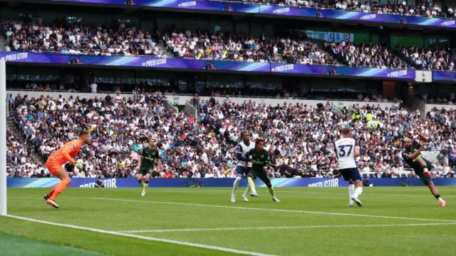Bryan Mbeumo scores for Brentford against Tottenham in September 2024