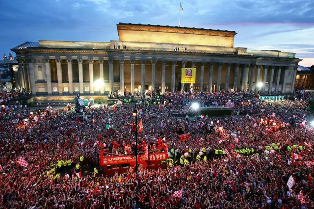 The 2005 Champions League parade culminates outside St George's Hall in Liverpool city centre