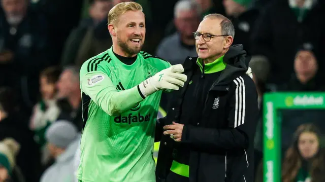 Celtic goalkeeper Kasper Schmeichel and Martin O'Neill