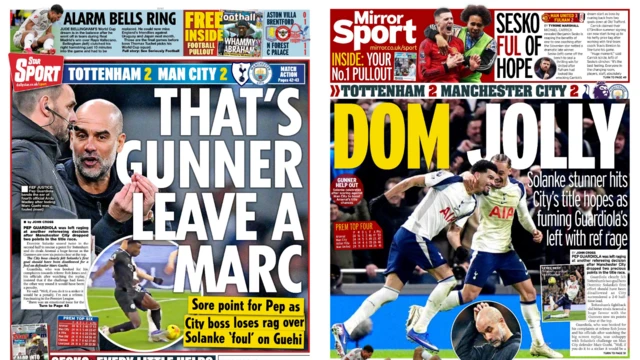 Back pages of the Daily Star and Daily Mirror about Manchester City dropping points to Tottenham