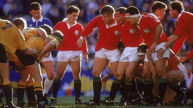 The British and Irish Lions front row during the first Test against Australia in 1989