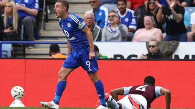 Jamie Vardy appeals for a penalty after for a foul by Ezri Konsa during Leicester City's Premier League defeat by Aston Villa